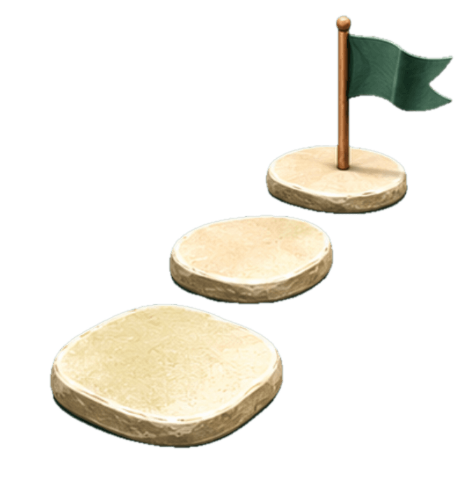 Three stepping stones leading to the guided-course finish flag